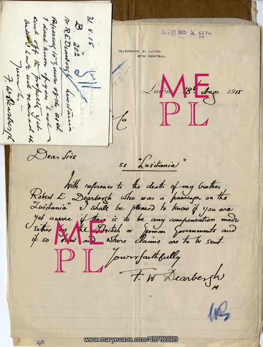 : RMS Lusitania - Dearbergh correspondence : RMS Lusitania - Dearbergh correspondence