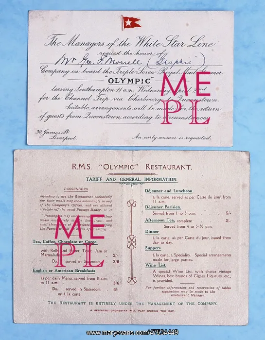 : RMS Olympic invitation, restaurant card : RMS Olympic invitation, restaurant card