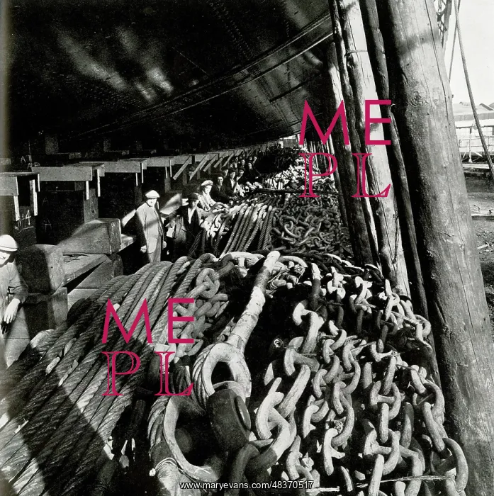 : RMS Queen Mary, coils of chains piled under hull : RMS Queen Mary, coils of chains piled under hull
