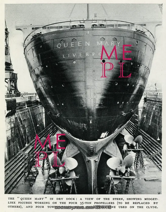 : R.M.S. Queen Mary in dry dock, Southampton, April 1936 : R.M.S. Queen Mary in dry dock, Southampton, April 1936