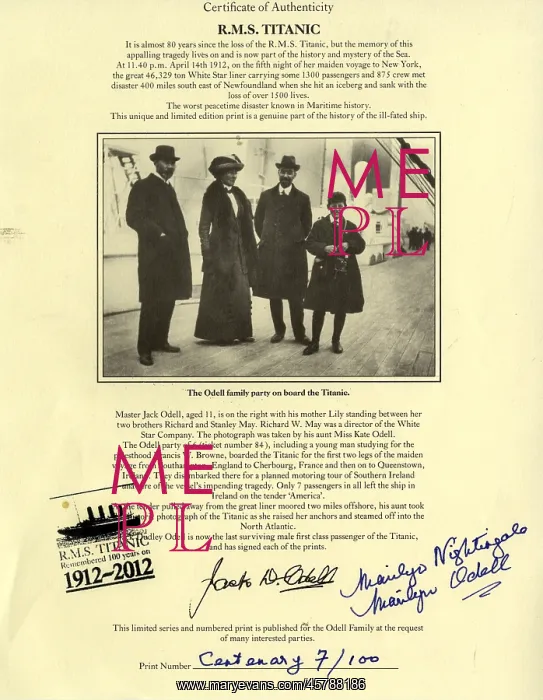  : RMS Titanic - Certificate of Authenticity with photo