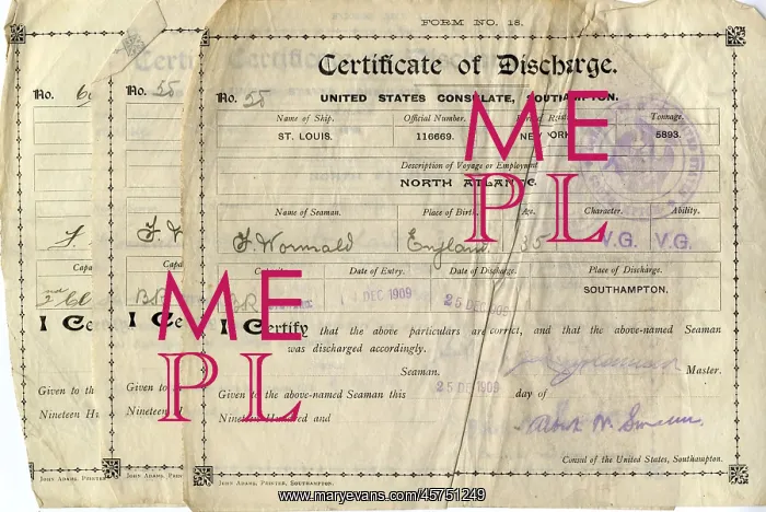 : RMS Titanic - three certificates of discharge, Wormald : RMS Titanic - three certificates of discharge, Wormald