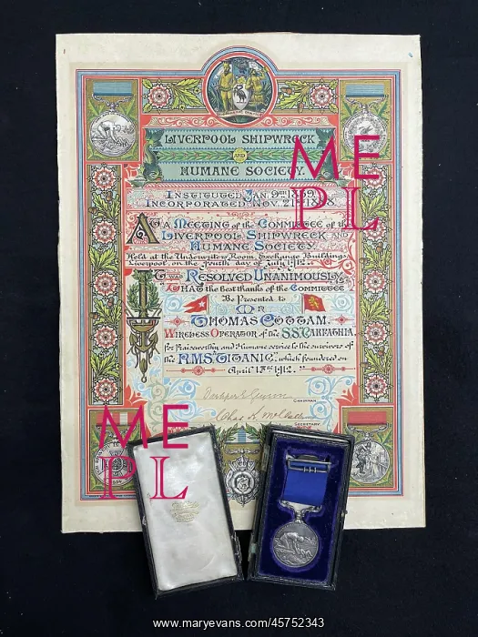: RMS Titanic, Harold Cottam Collection, Carpathia silver meda : RMS Titanic, Harold Cottam Collection, Carpathia silver meda