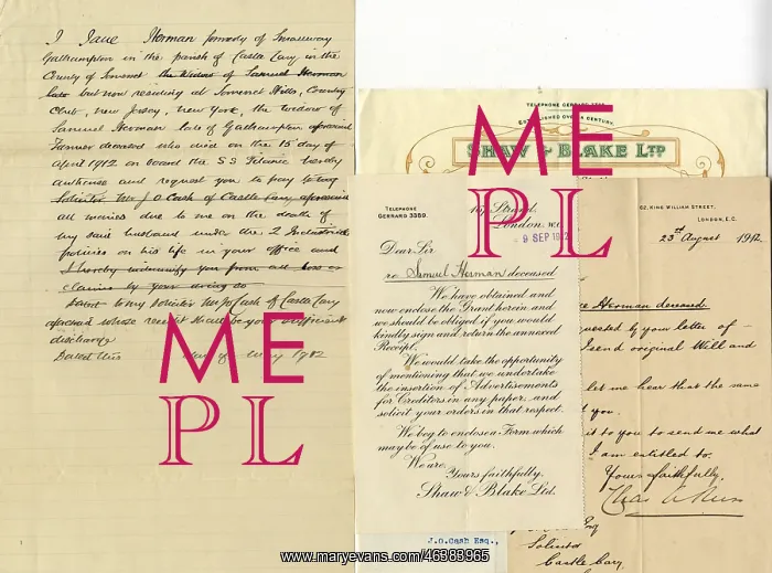 : RMS Titanic - letters relating to Samuel Herman : RMS Titanic - letters relating to Samuel Herman