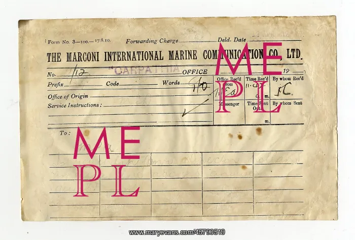 : RMS Titanic - Marconigram from Carpathia : RMS Titanic - Marconigram from Carpathia