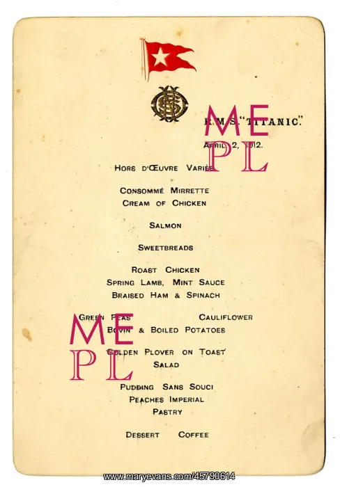 : RMS Titanic menu owned by Charles Lightoller : RMS Titanic menu owned by Charles Lightoller