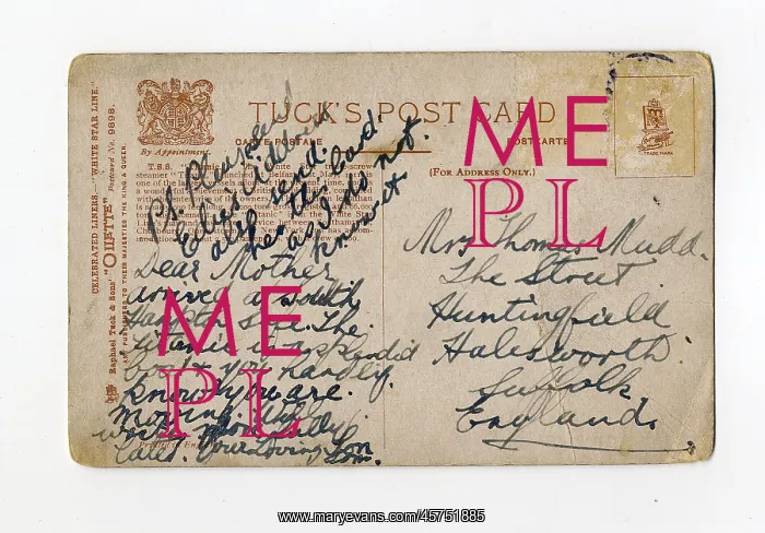 : RMS Titanic - postcard from passenger Thomas Mudd : RMS Titanic - postcard from passenger Thomas Mudd