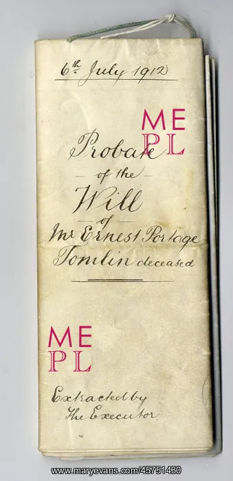 : RMS Titanic - Probate of the Will, Ernest Tomlin, victim : RMS Titanic - Probate of the Will, Ernest Tomlin, victim