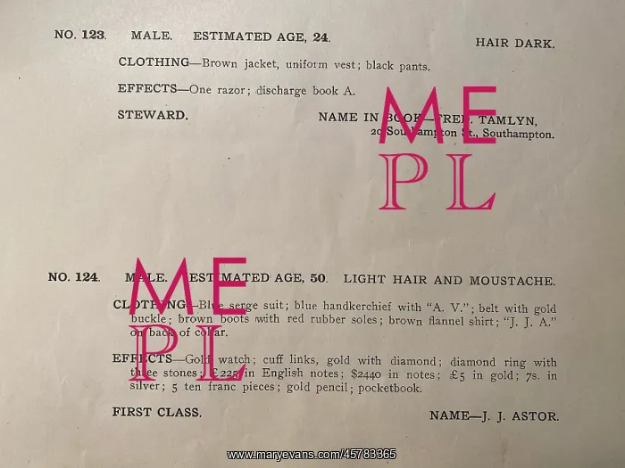 : RMS Titanic - Record of Bodies and Effects - J J Astor : RMS Titanic - Record of Bodies and Effects - J J Astor
