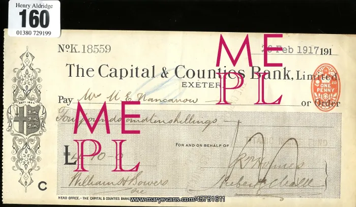 : RMS Titanic - Relief Fund cheque, Mrs M E Nancarrow : RMS Titanic - Relief Fund cheque, Mrs M E Nancarrow