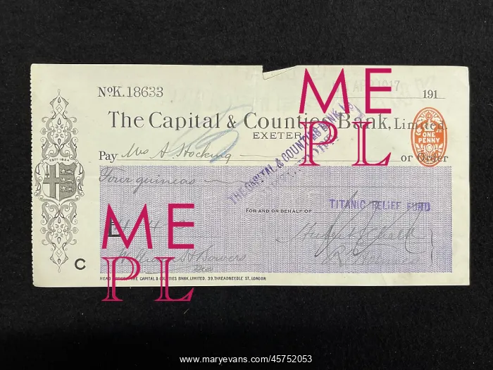 : RMS Titanic, relief fund cheque, family of Richard Hocking : RMS Titanic, relief fund cheque, family of Richard Hocking
