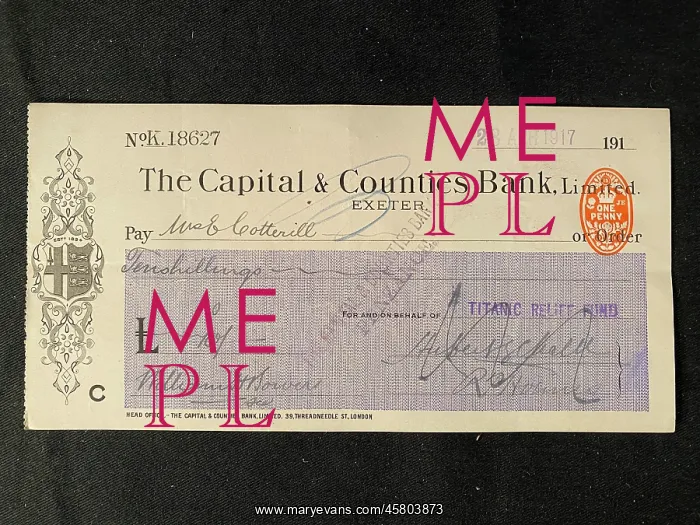 : RMS Titanic - Relief Fund cheque, Mrs E Cotterill : RMS Titanic - Relief Fund cheque, Mrs E Cotterill