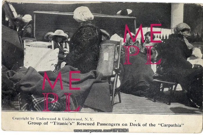 : RMS Titanic - rescued passengers on deck of Carpathia : RMS Titanic - rescued passengers on deck of Carpathia