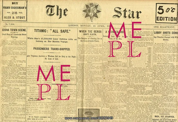 : RMS Titanic - The Star newspaper : RMS Titanic - The Star newspaper