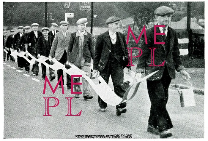 : Road painters carrying broken white line stencil, Sept 1939 : Road painters carrying broken white line stencil, Sept 1939