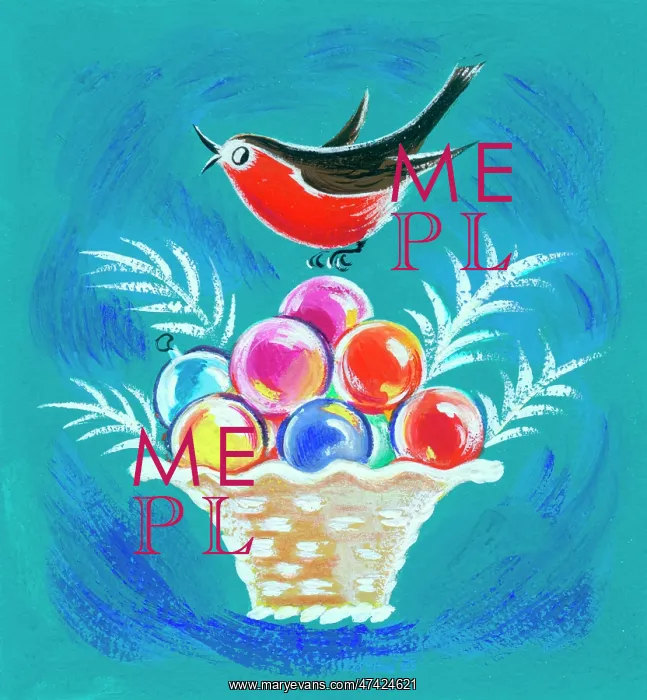  : Robin on a basket of Christmas tree baubles