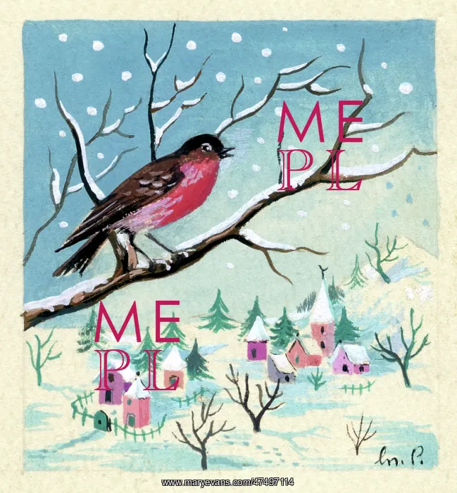 : Robin on a bough above village in the snow : Robin on a bough above village in the snow