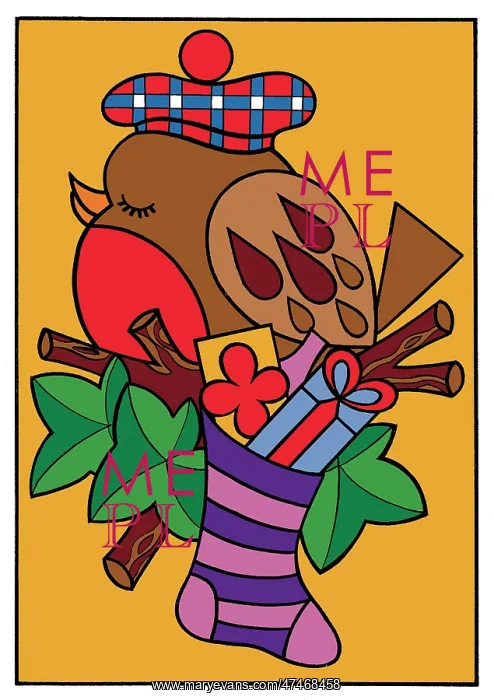 : Robin with Christmas Stocking on a branch : Robin with Christmas Stocking on a branch