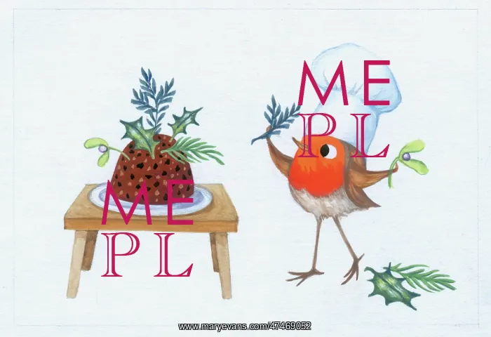 : Robin decorating a Christmas Pudding : Robin decorating a Christmas Pudding