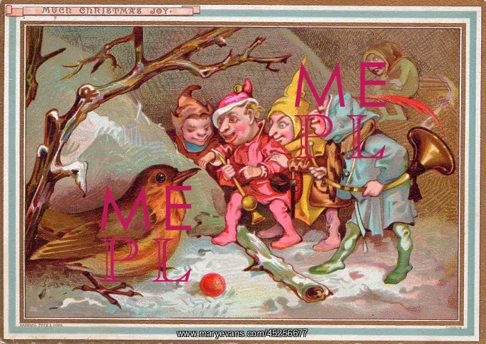 : Robin and goblins on a Christmas card : Robin and goblins on a Christmas card