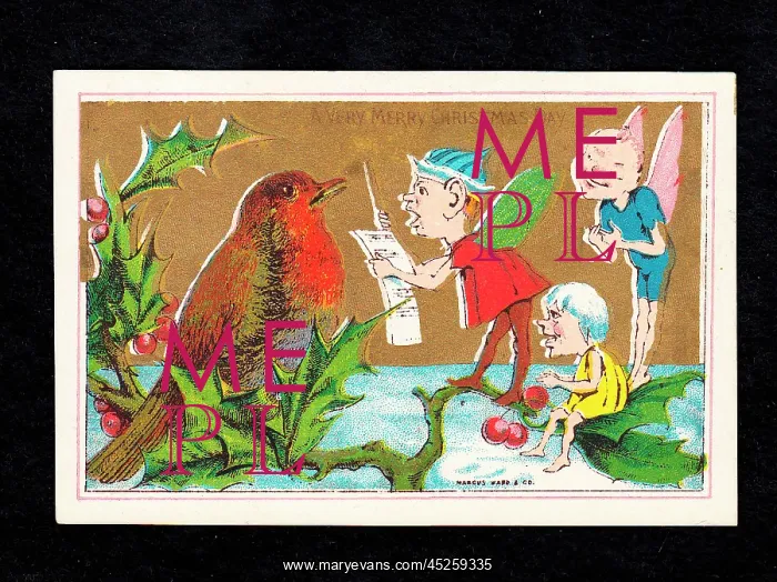 : Robin and goblins singing on a Christmas card : Robin and goblins singing on a Christmas card