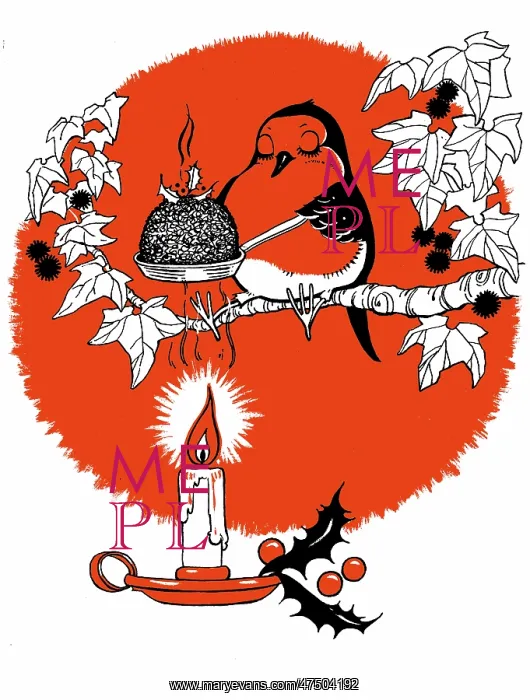 : Robin heating Christmas pudding over candle : Robin heating Christmas pudding over candle