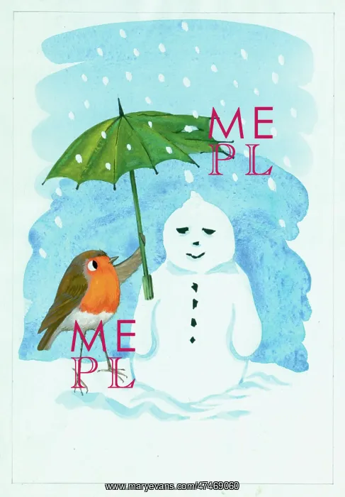  : Robin holding an Umbrella over a Snowman