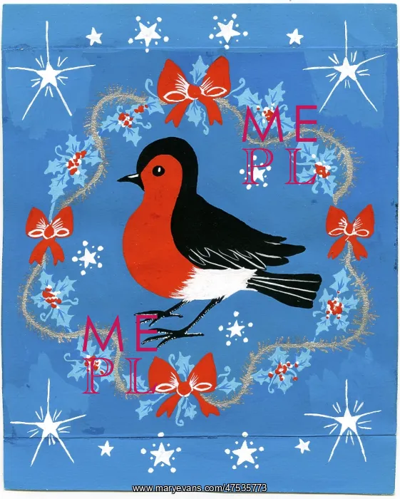 : Robin with holly and red bows : Robin with holly and red bows