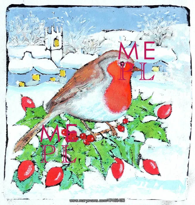 : Robin on Holly and Rosehips : Robin on Holly and Rosehips