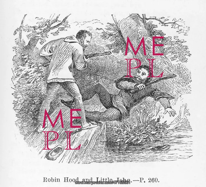 : Robin Hood and Little John fighting by a stream : Robin Hood and Little John fighting by a stream