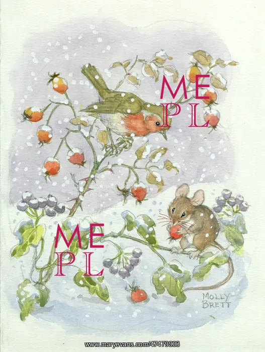 : Robin and mouse, with rosehips & ivy in snow : Robin and mouse, with rosehips & ivy in snow
