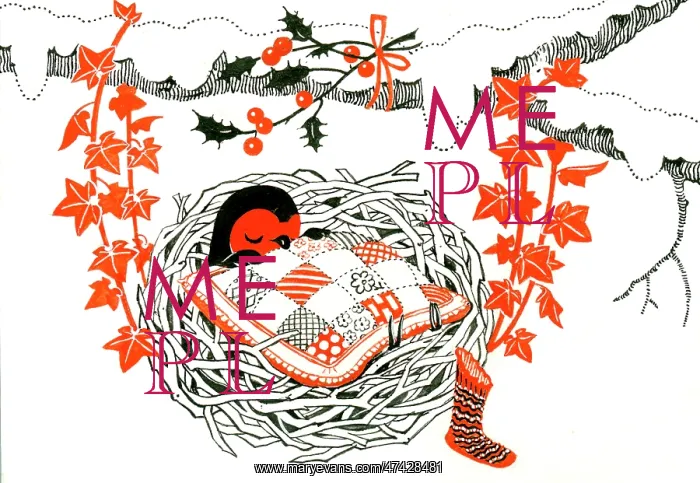  : Robin in nest with Christmas stocking