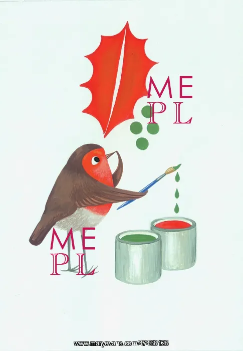 : Robin Painting a Holly Leaf and Berries : Robin Painting a Holly Leaf and Berries