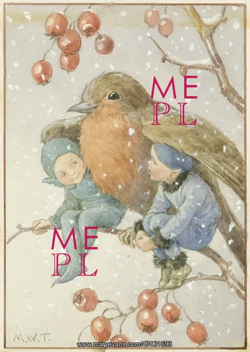 : A robin shelters two elves from the snow : A robin shelters two elves from the snow