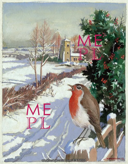  : Robin on a snowy gatepost with church and holly