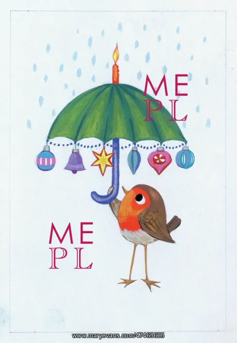 : Robin with Umbrella and Christmas Decorations : Robin with Umbrella and Christmas Decorations