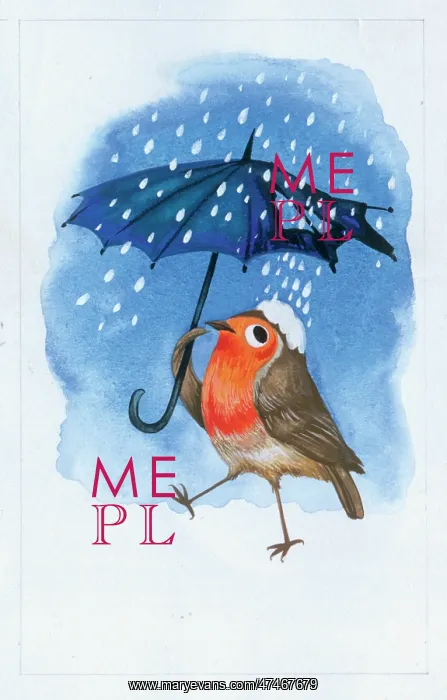  : Robin with umbrella in falling snow