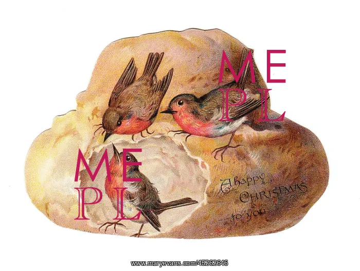: Robins with bread on a loaf-shaped Christmas card : Robins with bread on a loaf-shaped Christmas card