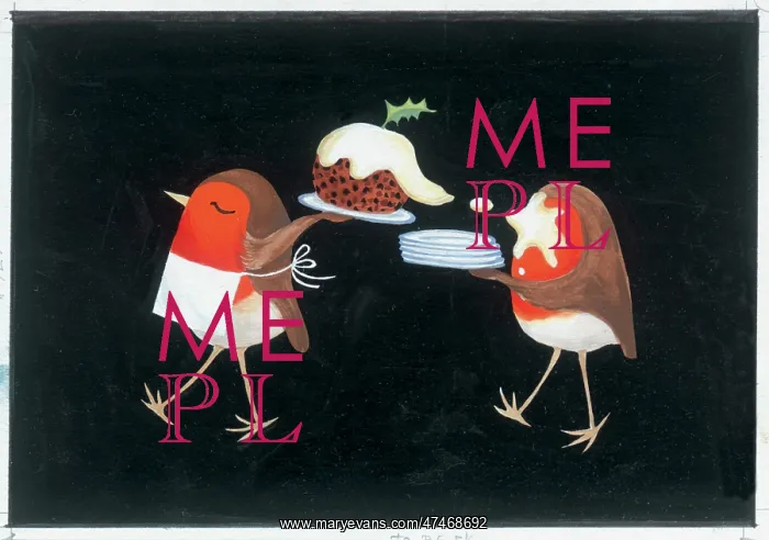  : Two Robins carrying a Christmas pudding