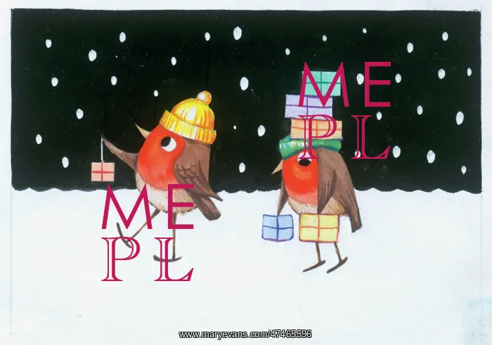 : Two Robins carrying parcels in the snow : Two Robins carrying parcels in the snow