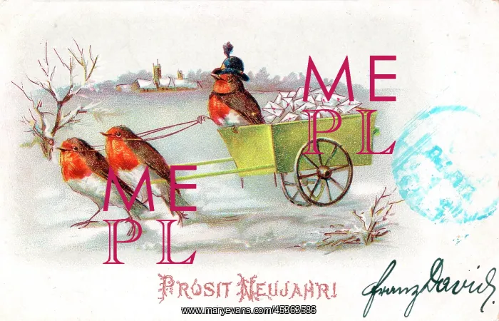: Robins with a cart on a German New Year postcard : Robins with a cart on a German New Year postcard