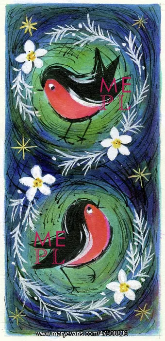 : Two robins with Christmas roses : Two robins with Christmas roses