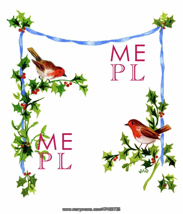  : Two Robins with holly and blue ribbon