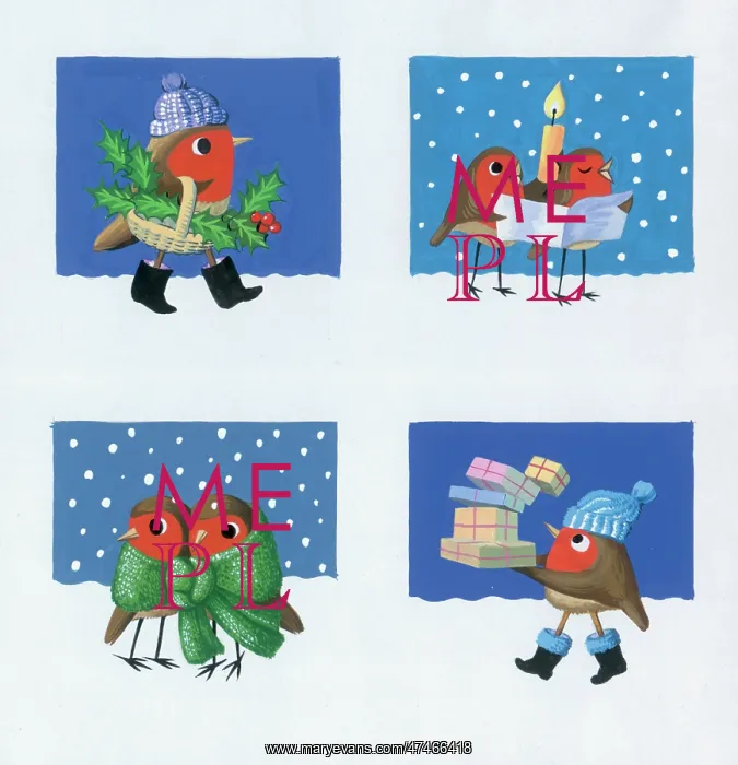 : Robins with Holly, Candle, Presents and Singing : Robins with Holly, Candle, Presents and Singing