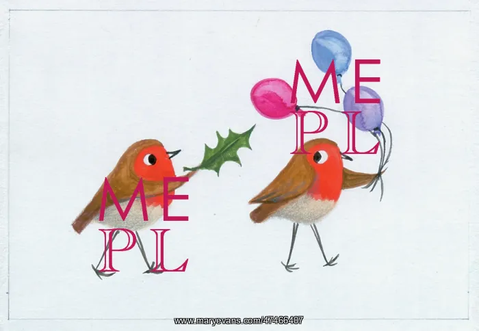 : Two Robins with holly leaf and three balloons : Two Robins with holly leaf and three balloons