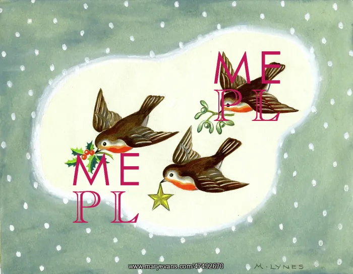 : Three robins with holly, mistletoe and a star : Three robins with holly, mistletoe and a star