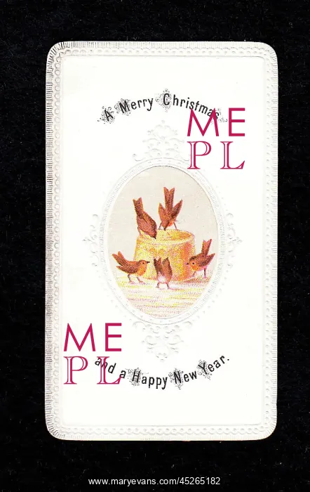 : Five robins with pie on a Christmas and New Year card : Five robins with pie on a Christmas and New Year card
