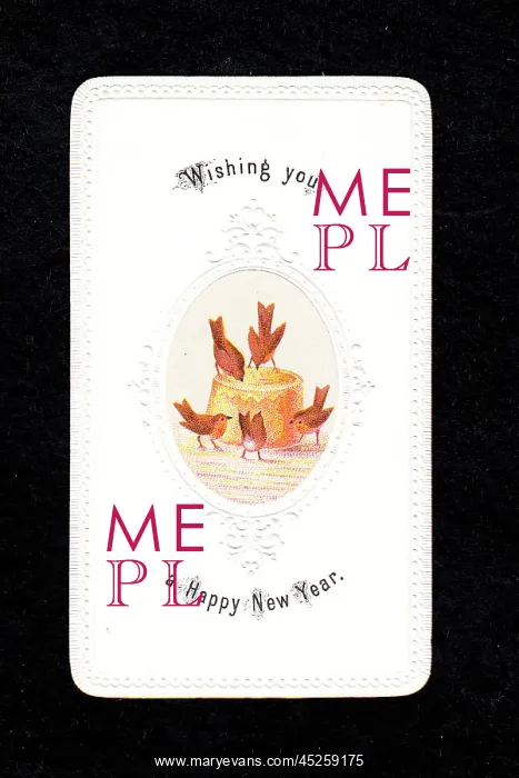 : Five robins with pie on a New Year card : Five robins with pie on a New Year card