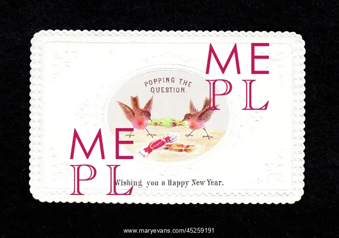 : Two robins pulling crackers on a New Year card : Two robins pulling crackers on a New Year card