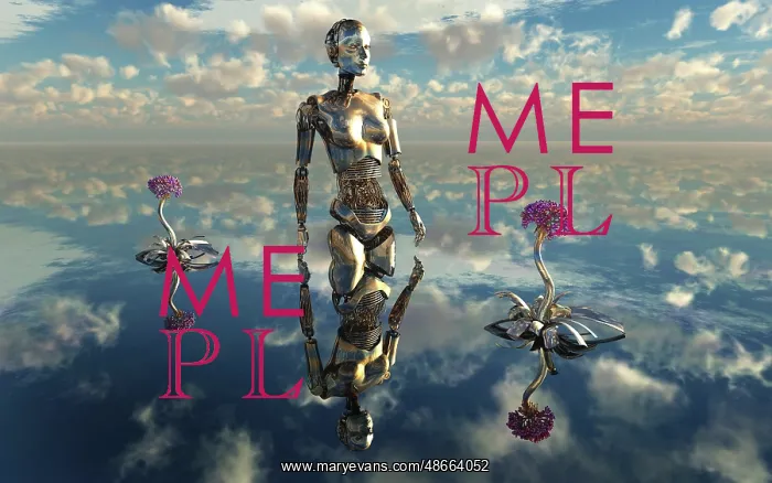 : A robotic android walking through its garden : A robotic android walking through its garden